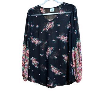 CAbi Blooming Blouse Medium Black Multicolor Floral Sheer Top Peasant Shirt 3594